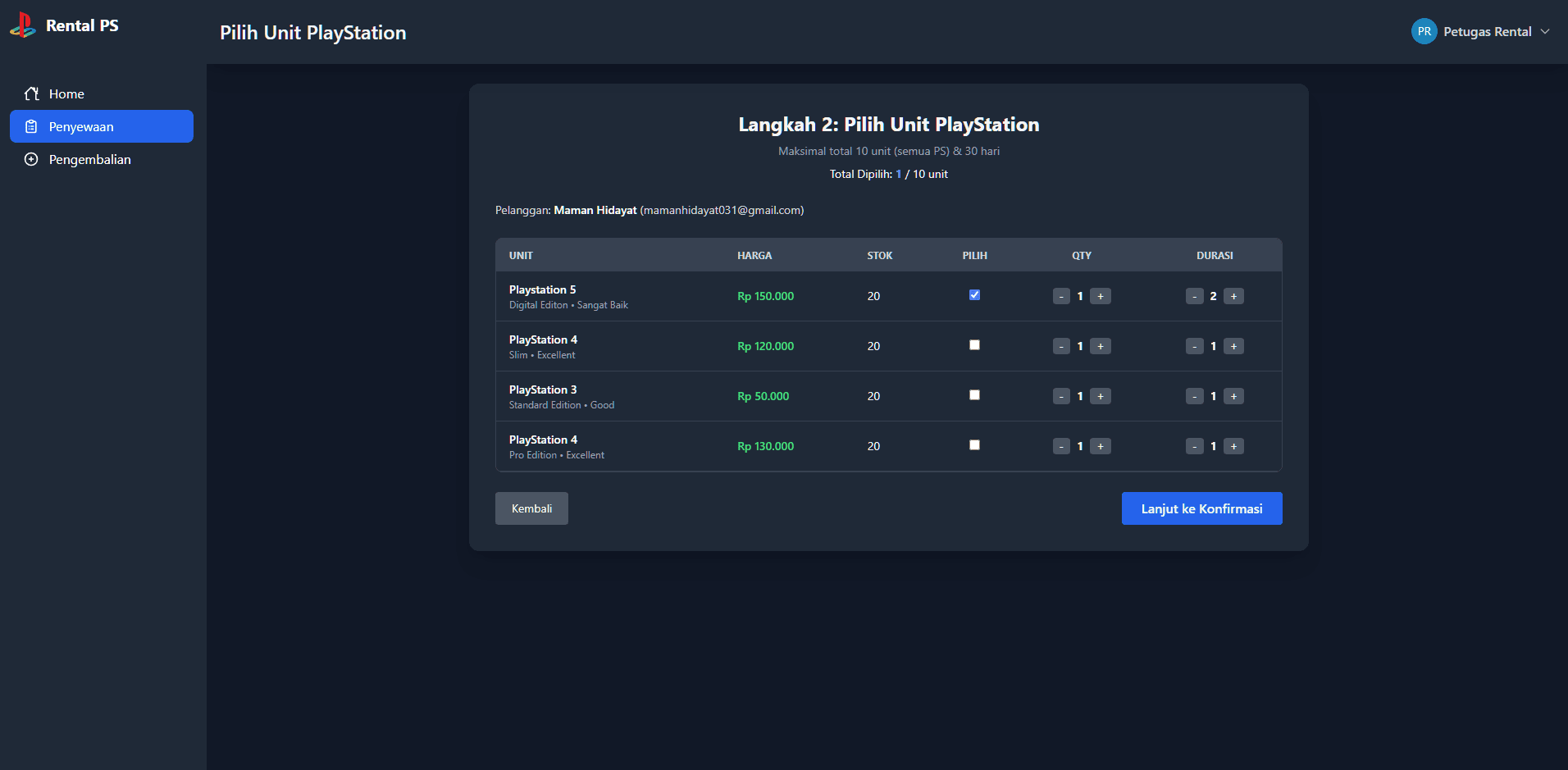 Halaman Pilih Unit PlayStation