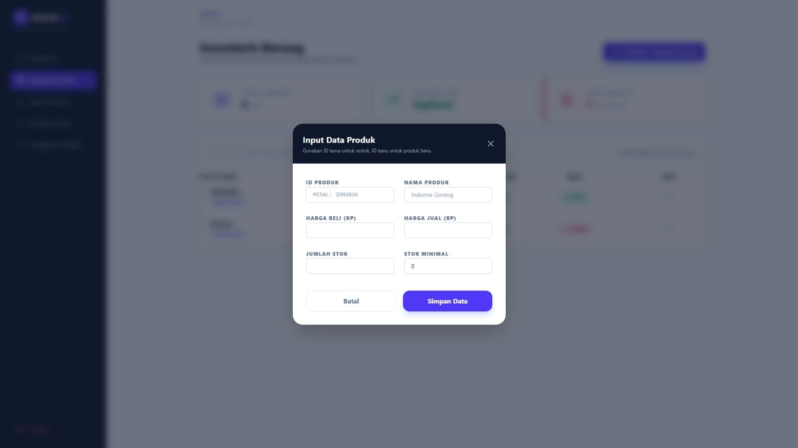 Form Pengisian Data Produk